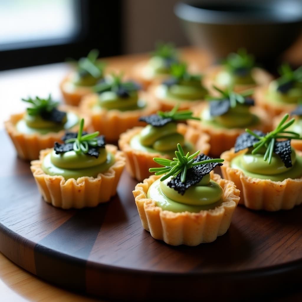 Tartaletas de arroz inflado dorado rellenas de crema de wasabi verde pálido y puré de aguacate cremoso, decoradas con láminas de alga nori, semillas de sésamo negro y cebollino picado. Aperitivo japonés sin horno sobre una bandeja de madera.