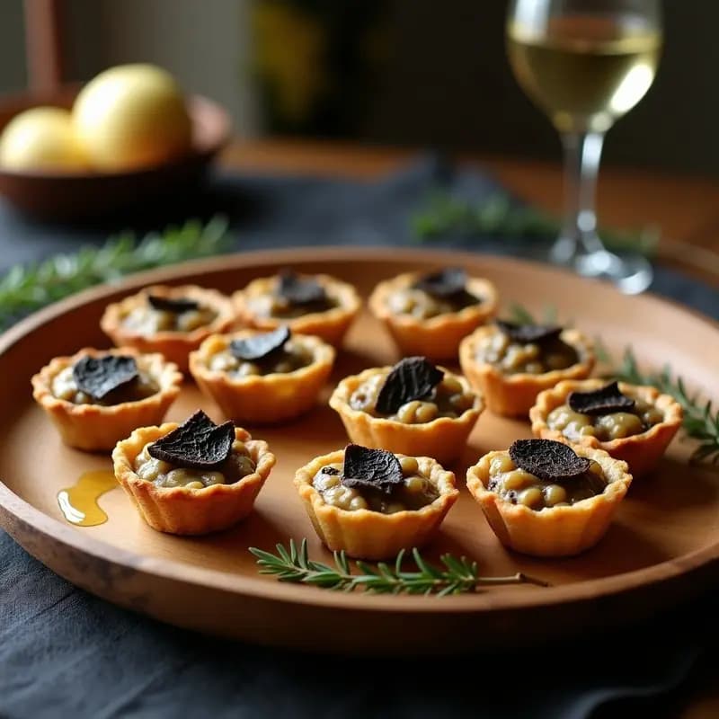 Tartaletas doradas de arroz salvaje con relleno cremoso de setas portobello y shiitake, decoradas con láminas de trufa negra sobre un plato de madera rústico. Aperitivo español sin gluten y vegano.