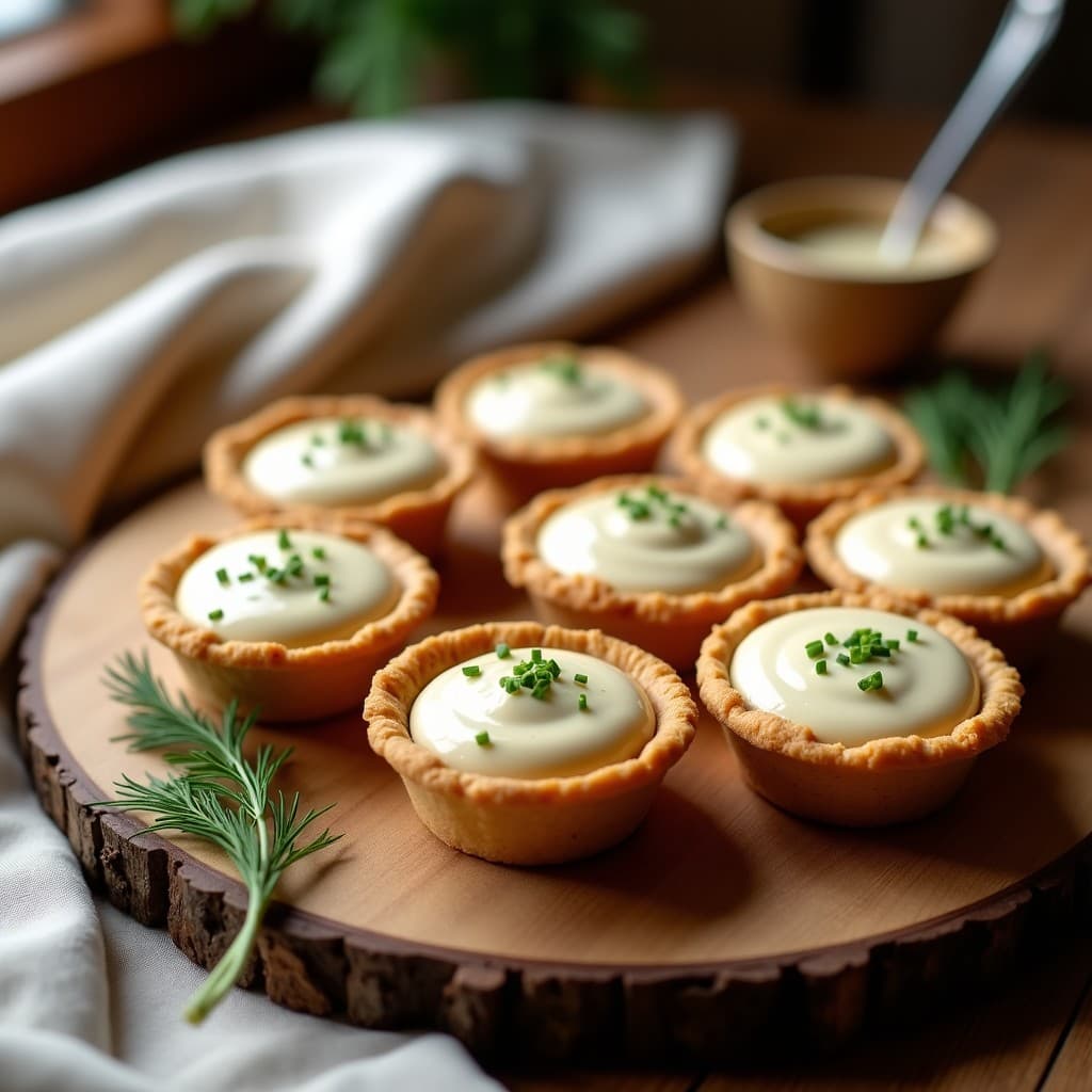 Tartaletas de base dorada y crujiente de avellana rellenas de crema suave de espárragos blancos, decoradas con cebolino fresco. Plato elegante alemán sin gluten sobre fondo rústico de madera.