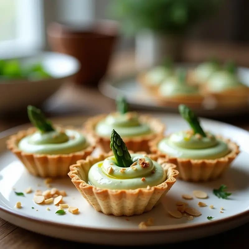 Tartaletas individuales de base dorada de avena rellenas de crema suave de espárragos blancos, decoradas con puntas de espárragos, almendras fileteadas y perejil fresco, aperitivo francés sin lactosa.