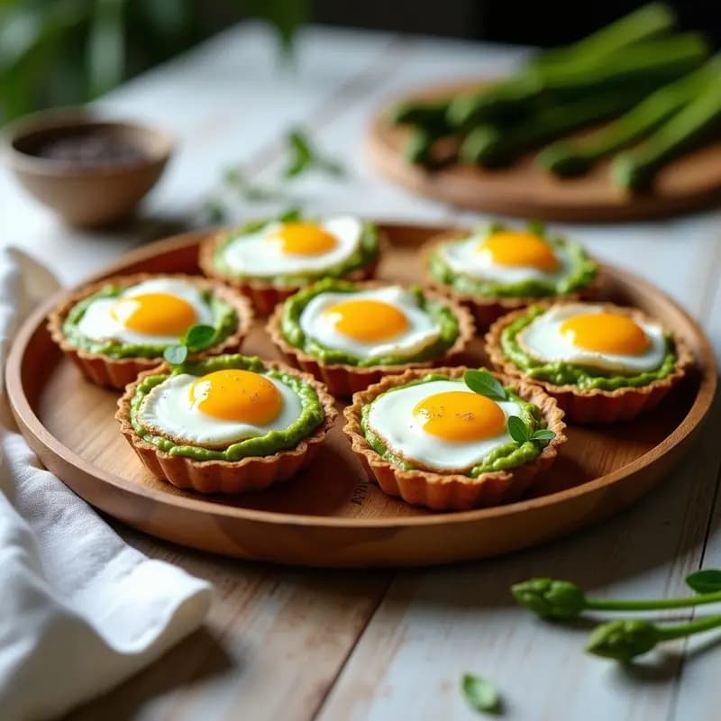 Tartaletas de base dorada de avena sin gluten rellenas de crema de espárragos trigueros verdes y coronadas con huevos poché de yema líquida. Plato ideal para brunch saludable y elegante, servido en bandeja de madera con decoración rústica.