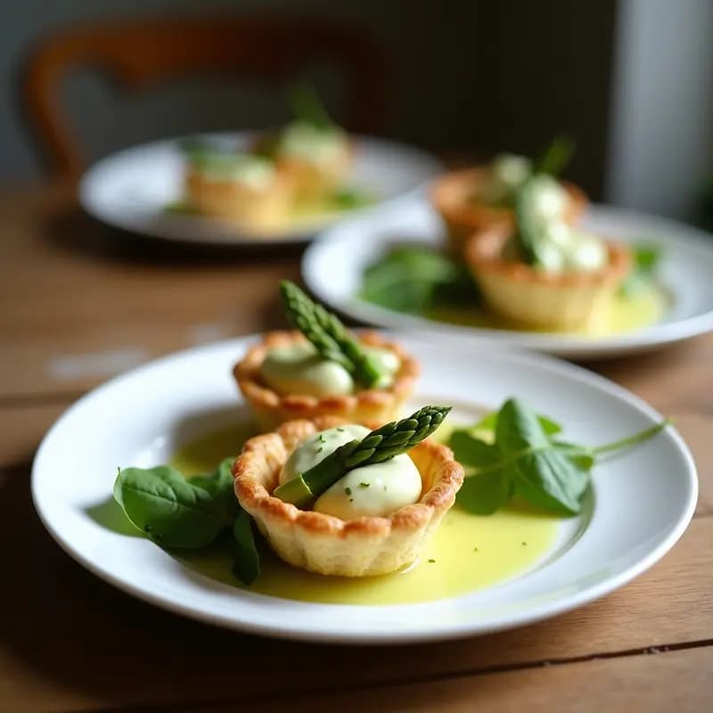 Tartaletas keto de base dorada de almendra con crema verde de espárrago triguero, decoradas con puntas de espárrago fresco y ralladura de limón, servidas en bandeja de madera rústica.