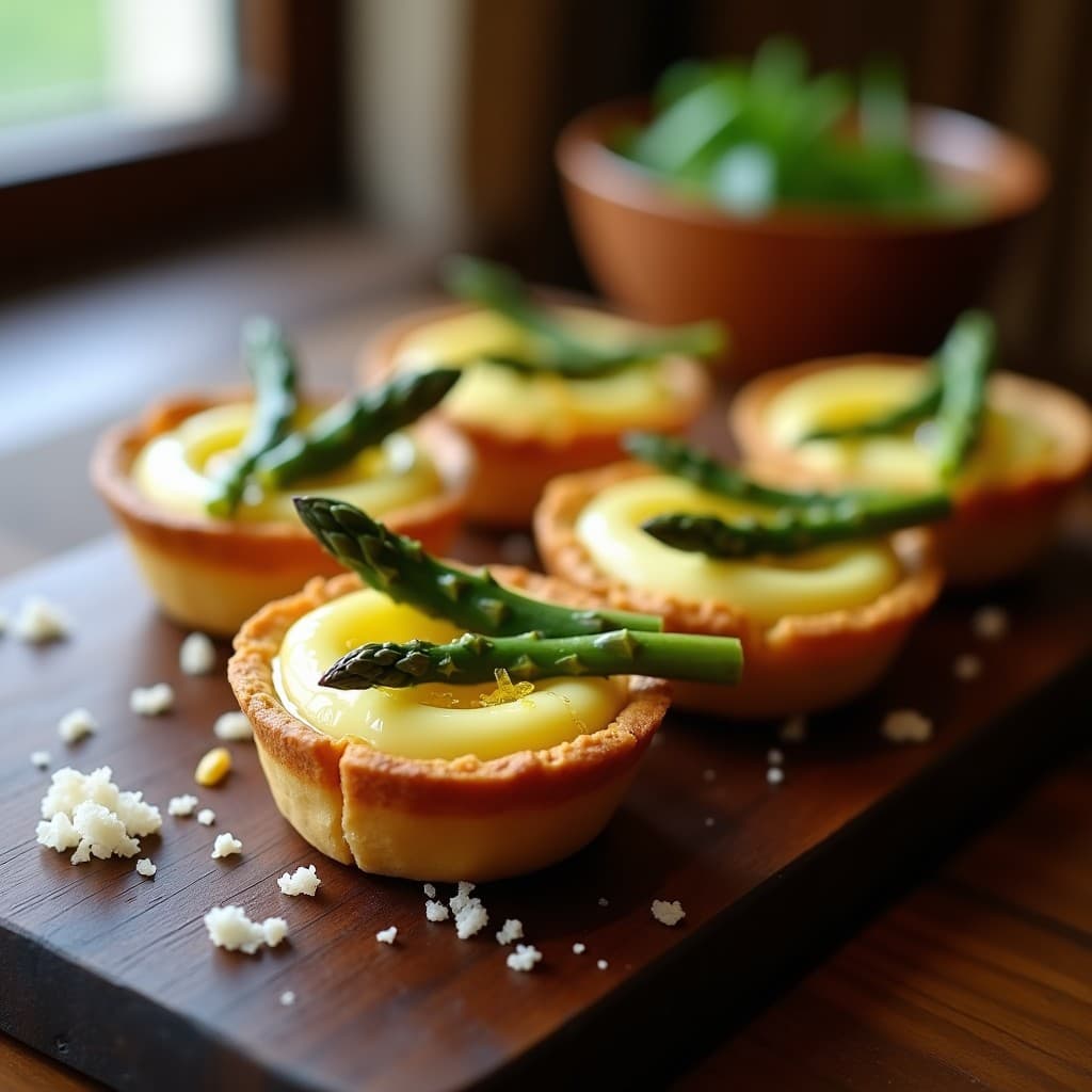 Tartaletas individuales de base dorada de almendra rellenas de crema sedosa de espárragos trigueros con hebras de azafrán, decoradas con puntas de espárrago y un hilo de aceite de oliva virgen extra sobre fondo rústico de madera oscura.
