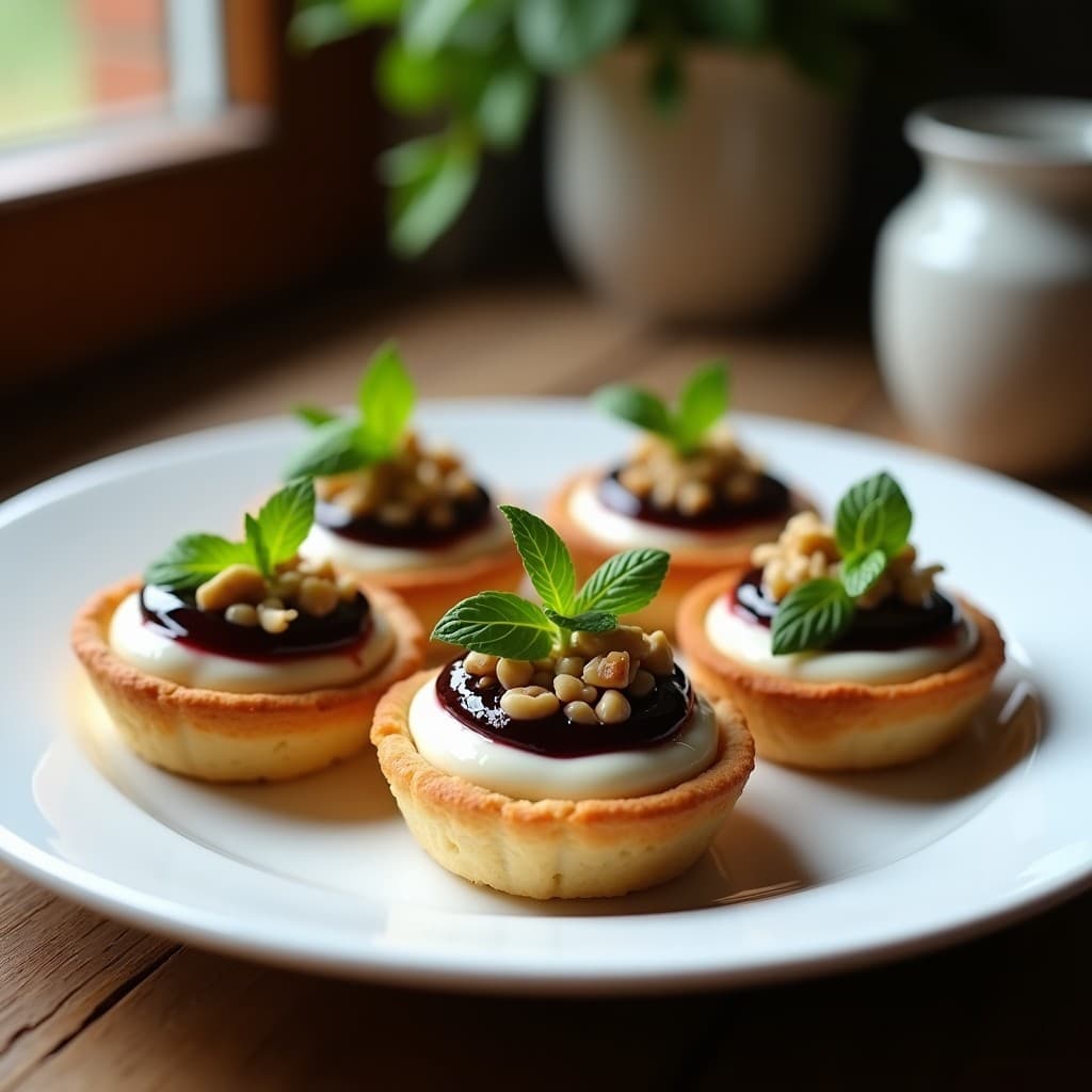 Tartaletas individuales de base dorada de almendra rellenas de mermelada de higuera oscura y crema de queso de búfala blanco, decoradas con nueces picadas y hojas de menta fresca sobre un plato de porcelana blanca, con luz natural resaltando los contrastes de textura.