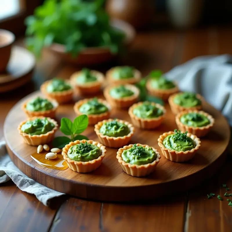 Tartaletas doradas de base de almendra rellenas de pesto verde de ortigas, decoradas con piñones tostados sobre una bandeja de madera rústica, aperitivo selvático sin gluten.