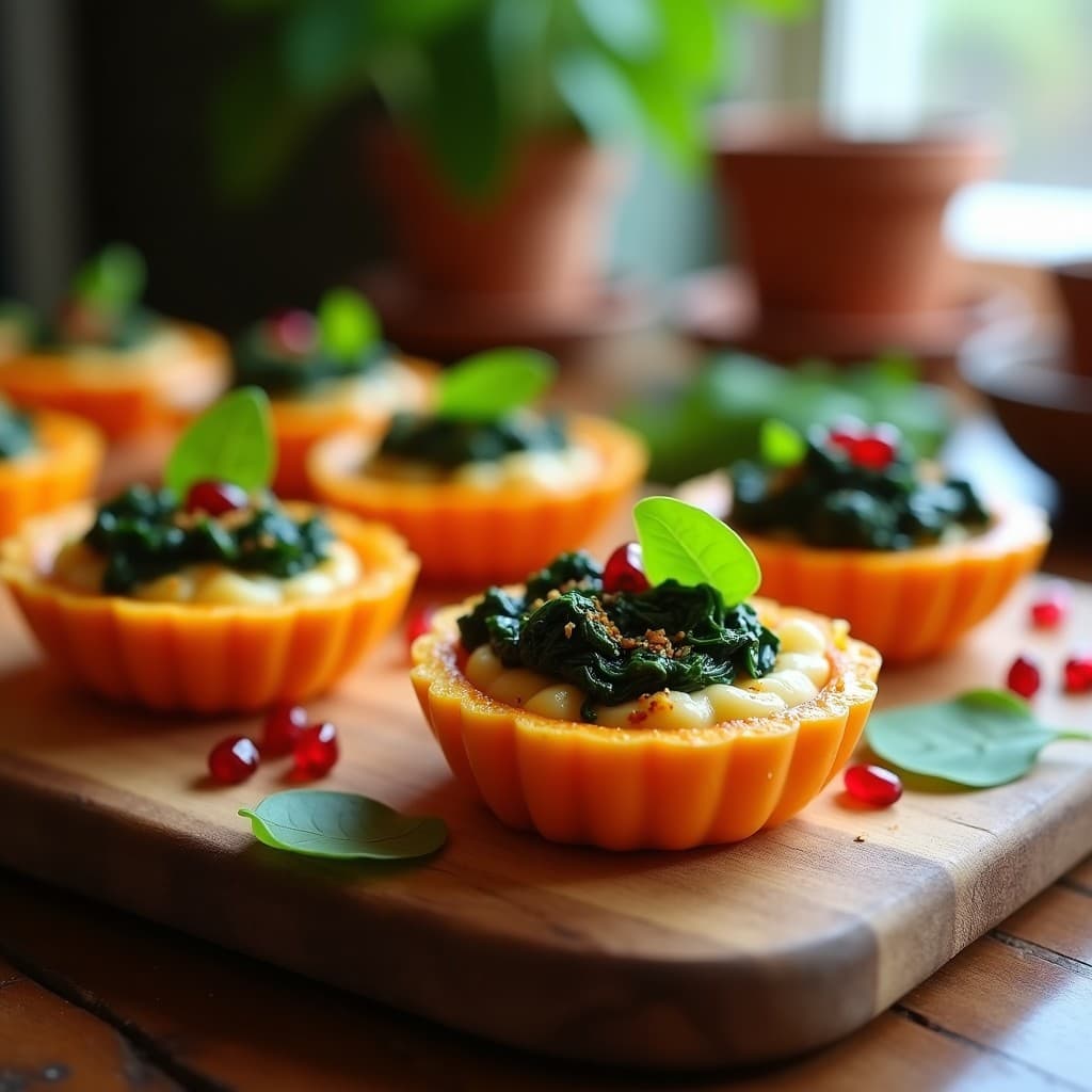 Tartaletas veganas en molde de silicona con base dorada de calabaza, rellenas de espinacas verdes salteadas y crema de queso de castañas, decoradas con semillas de sésamo y pimentón.