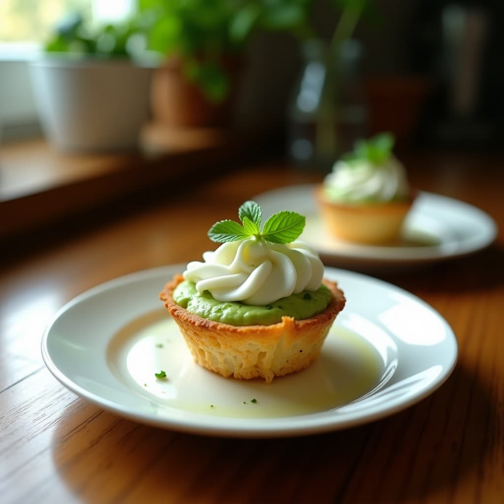 Tartaletas veganas francesas de base dorada de coco rellenas de crema verde de guisantes, decoradas con hojas de menta y flores de caléndula sobre un plato blanco rústico.