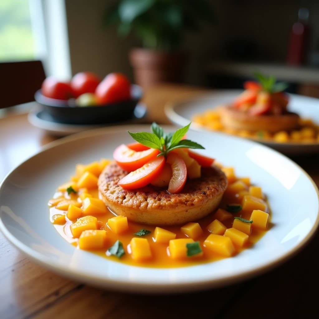 Tartaletas veganas peruanas con base dorada de lentejas rojas y relleno vibrante de ceviche de mango, decoradas con semillas de sésamo y perejil sobre hoja de lechuga morada.