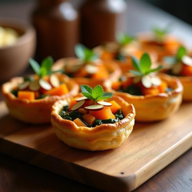 Tartaletas doradas de masa hojaldrada rellenas de puré de batata naranja y espinacas verdes, decoradas con almendras fileteadas tostadas y perejil fresco. Plato de entrante vegano en olla express con presentación elegante y toques franceses, servido en bandeja de madera rústica.