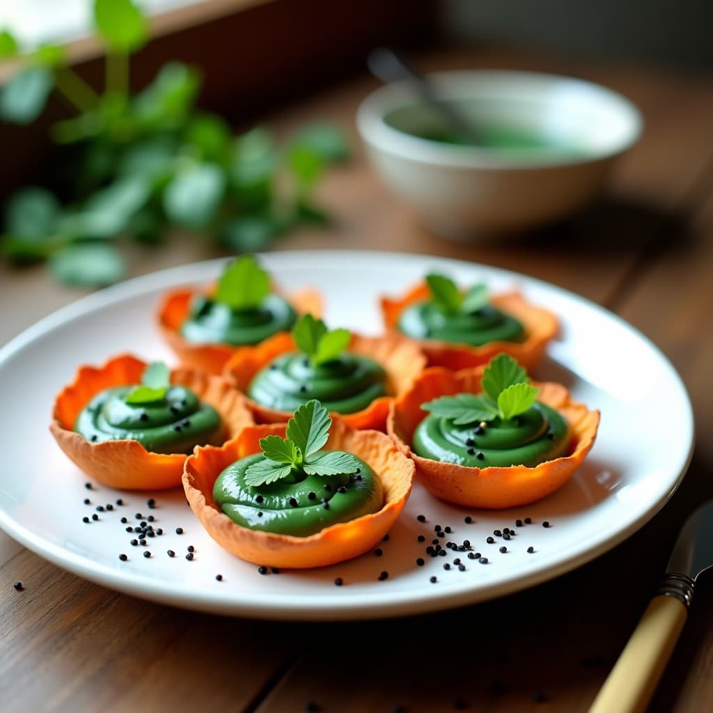 Tartaletas veganas y crudiveganas de batata y espirulina con crema de anacardos, decoradas con semillas de sésamo negro y hojas de cilantro sobre un plato de cerámica blanca.