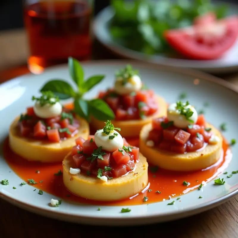 Tartaletas de batata morada y merluza en costra de sal dorada, decoradas con algas nori y semillas de sésamo negro, servidas en plato blanco con toque gourmet francés-japonés.