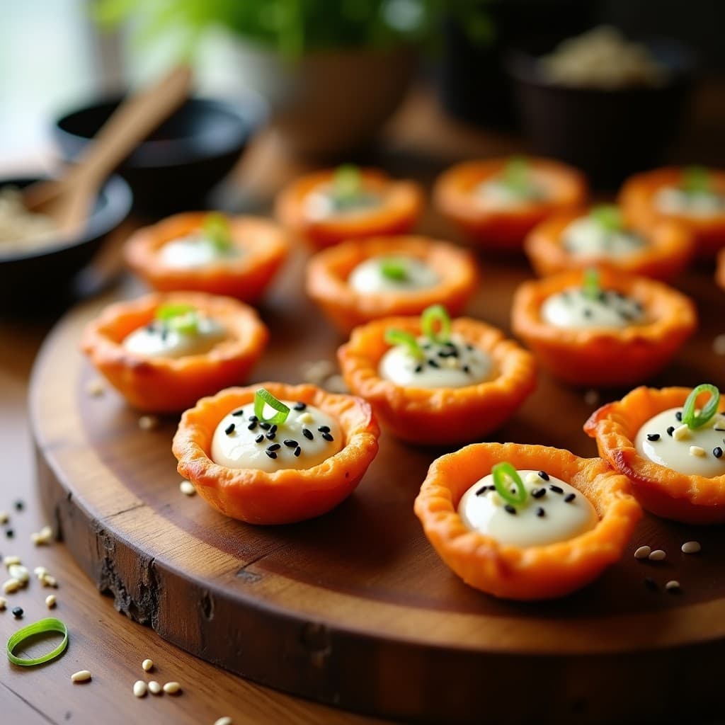 Tartaletas de batata doradas y crujientes rellenas de crema de miso blanco, decoradas con semillas de sésamo negro y cebollino fresco. Plato de aperitivo japonés en airfryer sin harina, servido en bandeja de madera rústica.