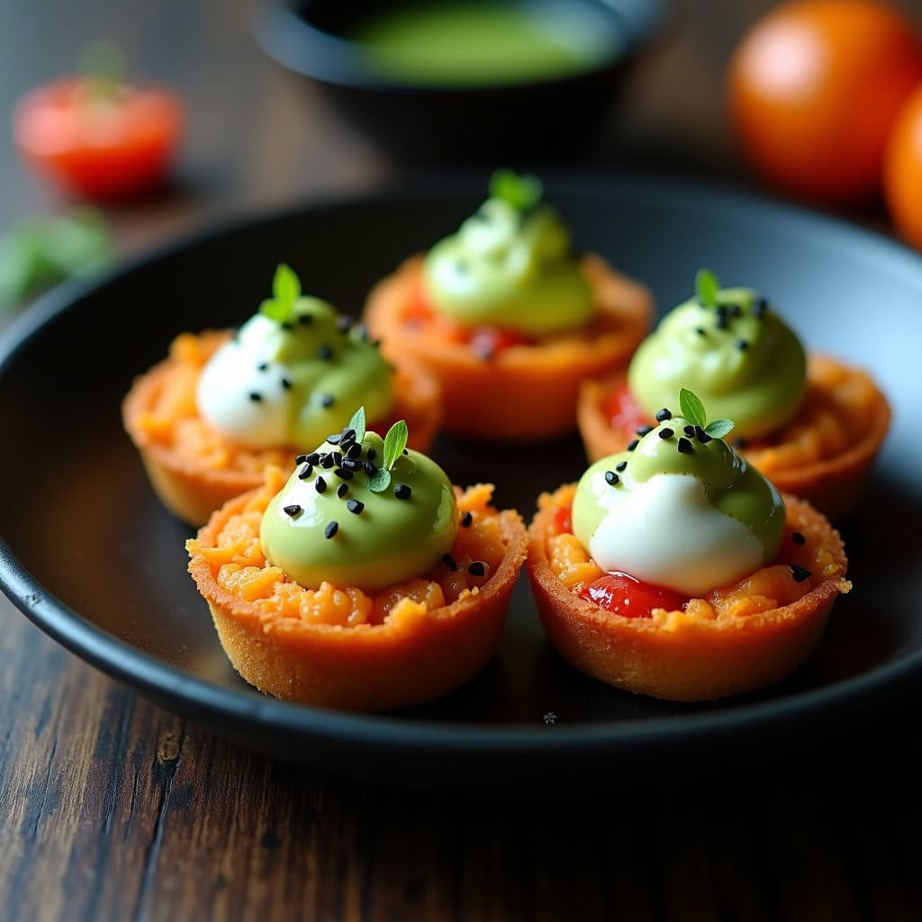 Tartaletas veganas japonesas en airfryer: bases doradas de batata con relleno cremoso de miso blanco y rojo, coronadas con crema de wasabi, semillas de sésamo negro y alga nori, servidas en plato negro con cebollino fresco.