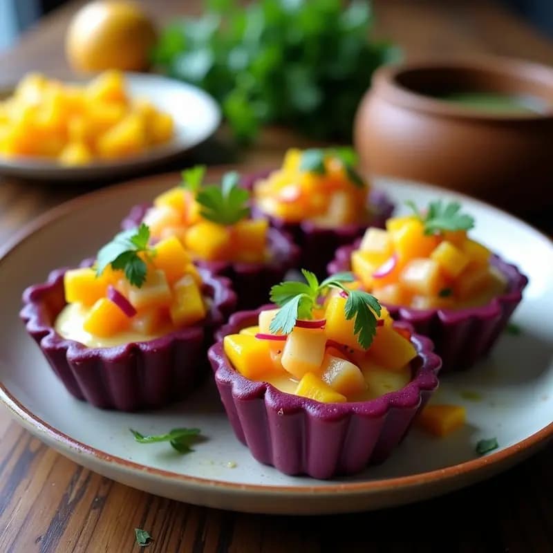 Tartaletas doradas de batata morada con relleno de ceviche de mango y merluza, servidas en molde de silicona sobre fondo rústico, receta fusión peruano-japonesa en airfryer.
