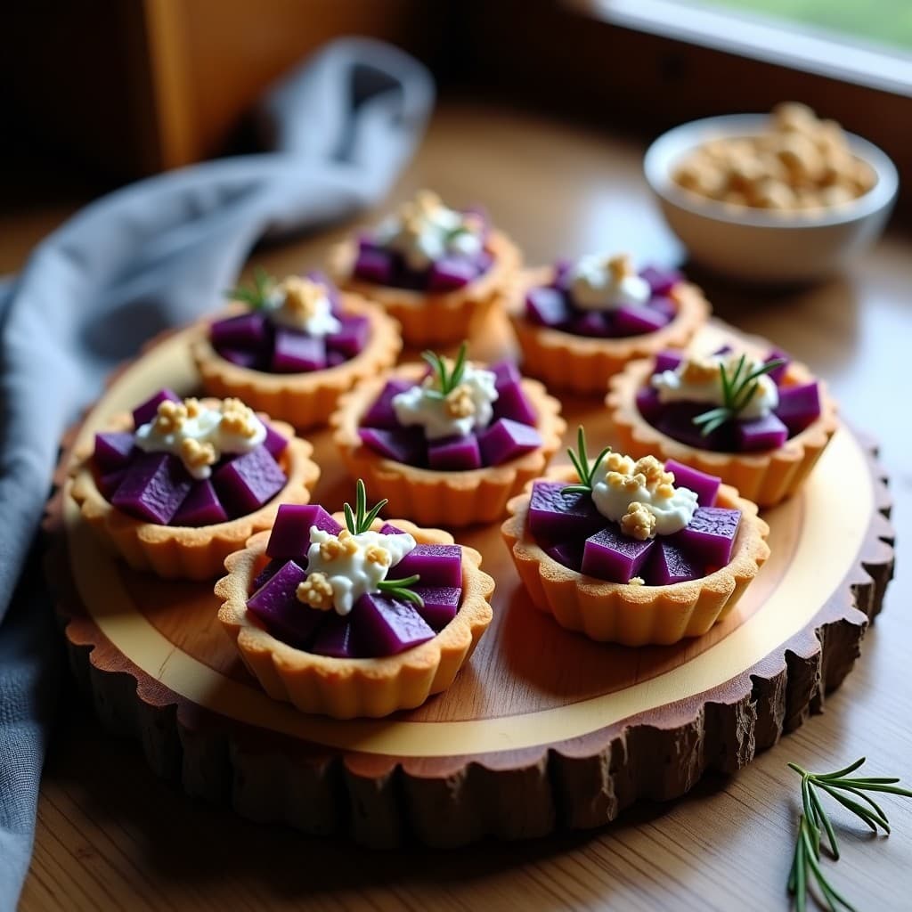 Tartaletas de batata morada y queso de cabra en molde de silicona, con base dorada de harina de almendra, cubos de batata violáceos, queso de cabra cremoso, nueces picadas y romero fresco, presentadas en una fuente de madera.