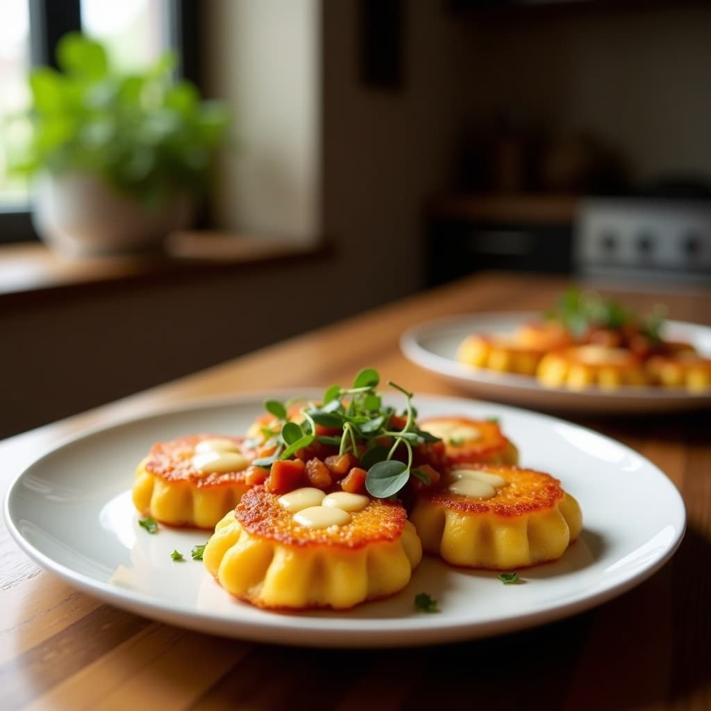 Tartaletas doradas de harina de almendra y coco rellenas de batata asada caramelizada, queso feta desmenuzado y salsa de granados brillante, espolvoreadas con semillas de sésamo tostadas sobre una bandeja de madera rústica.