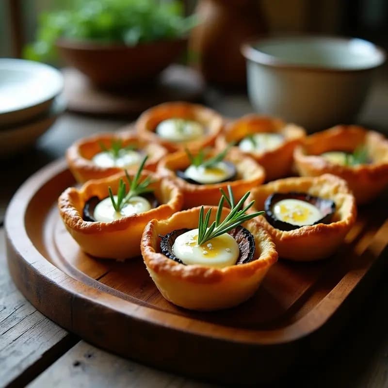 Tartaletas doradas de hojaldre rellenas de berenjena asada, queso de cabra cremoso y miel de romero, decoradas con romero fresco y semillas de sésamo, servidas en una bandeja de madera rústica.