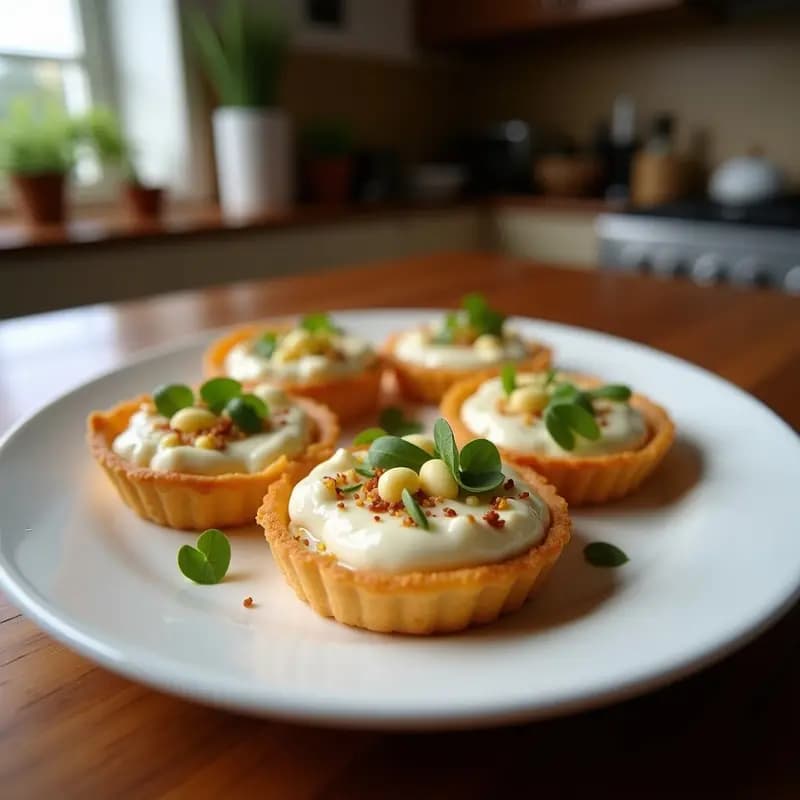 Tartaletas veganas de harina de buganvilla con relleno cremoso de queso de macadamia, decoradas con pétalos de buganvilla secos comestibles, servidas en moldes individuales sobre un plato de madera rústico.