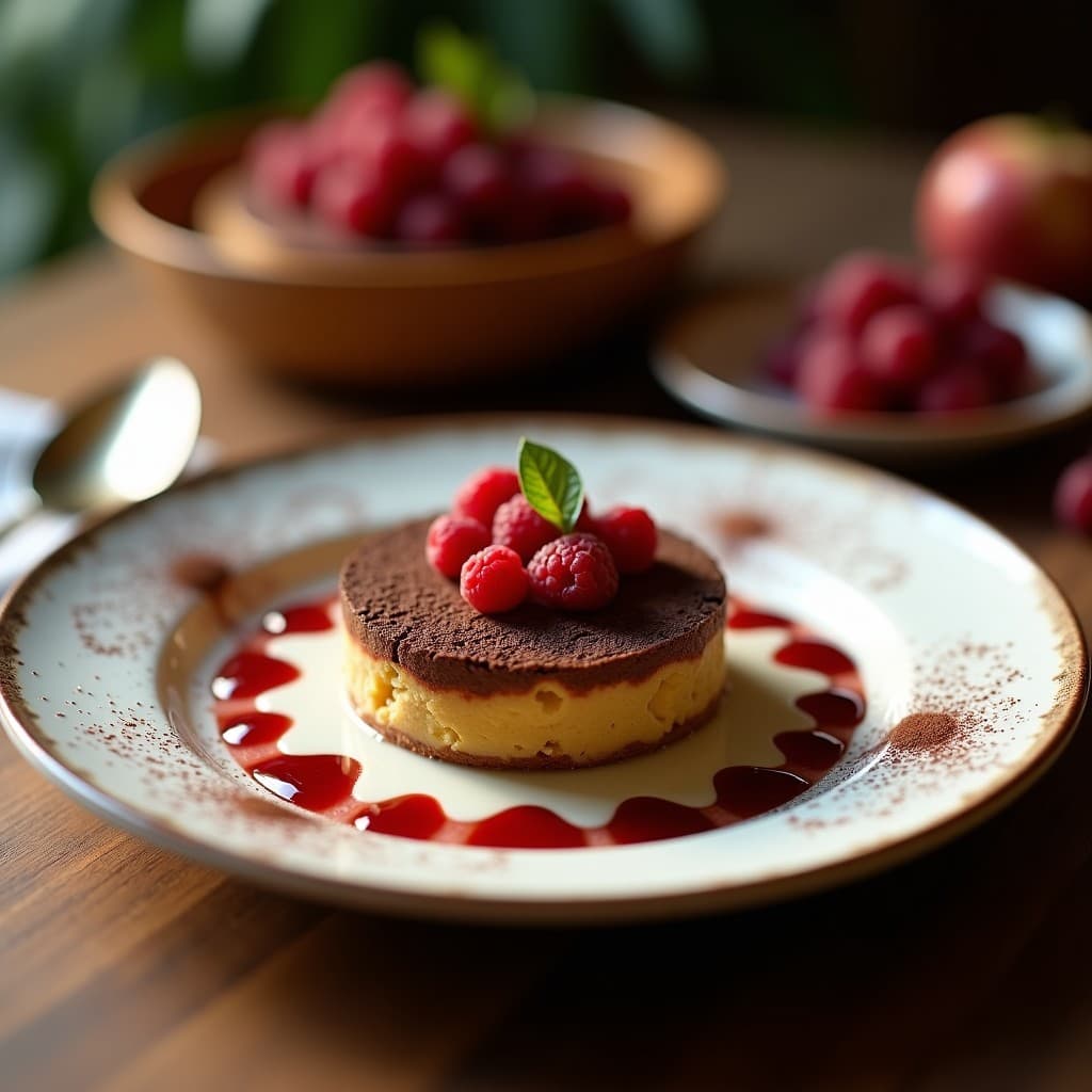 Tartaletas raw veganas con base oscura de cacao y almendras, rellenas de crema de anacardos sedosa y coronadas con frambuesas frescas brillantes. Plato elegante con fondo neutro que resalta los colores vibrantes del postre.
