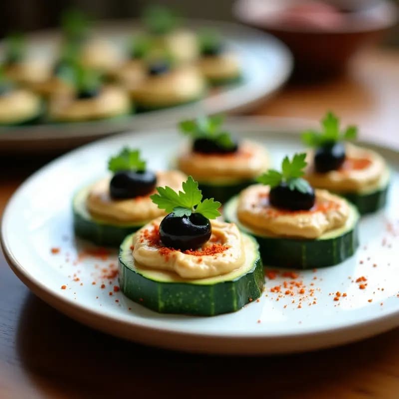 Tartaletas de base de calabacín verde con relleno cremoso de hummus beige, decoradas con aceitunas taggiasche negras picadas y perejil fresco, servidas en plato blanco rústico. Receta de aperitivo italiano sin horno.