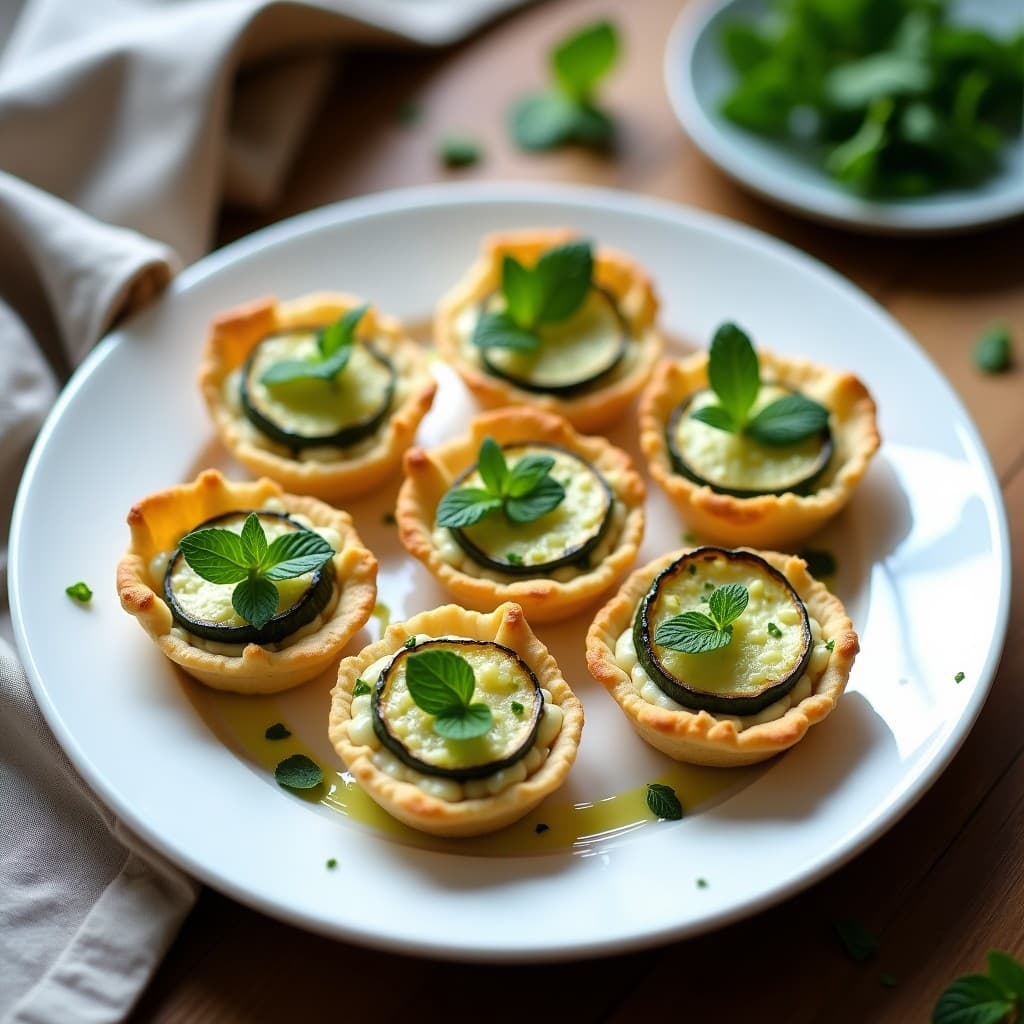 Tartaletas veganas de calabacín y queso de anacardos con vinagreta de menta, servidas en moldes individuales de hojaldre dorado, con rodajas de calabacín asado y hojas de menta fresca como decoración.