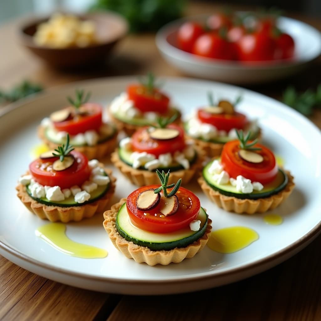 Tartaletas elegantes de calabacín y queso feta con mermelada de tomate brillante, decoradas con almendras tostadas y tomillo fresco sobre un plato de cerámica blanca, receta gourmet sin horno.