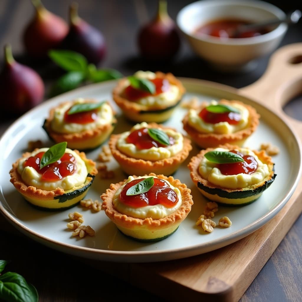 Tartaletas doradas de calabacín y almendra rellenas de ricotta cremosa y mermelada de higos brillante, servidas en plato de cerámica blanca con hojas de romero fresco y un hilo de mermelada decorativo, receta italiana en airfryer.