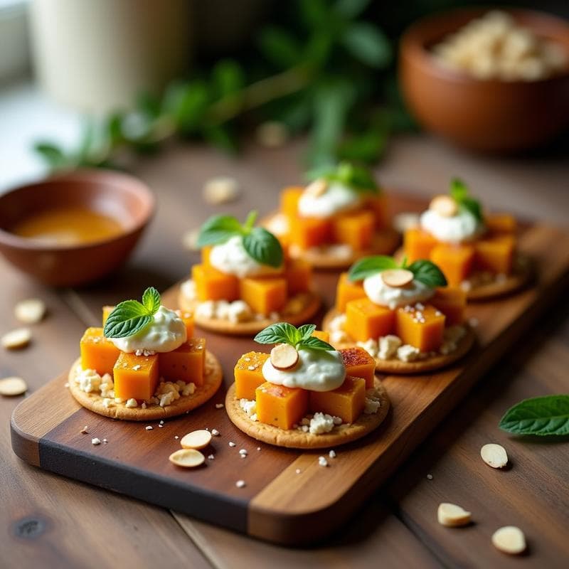 Tartaletas griegas sin horno con base de galleta de arroz, rellenas de calabaza butternut asada dorada, queso feta desmenuzado, crema de anacardos y decoradas con miel de tomillo, menta fresca y almendras tostadas sobre una bandeja de madera rústica.