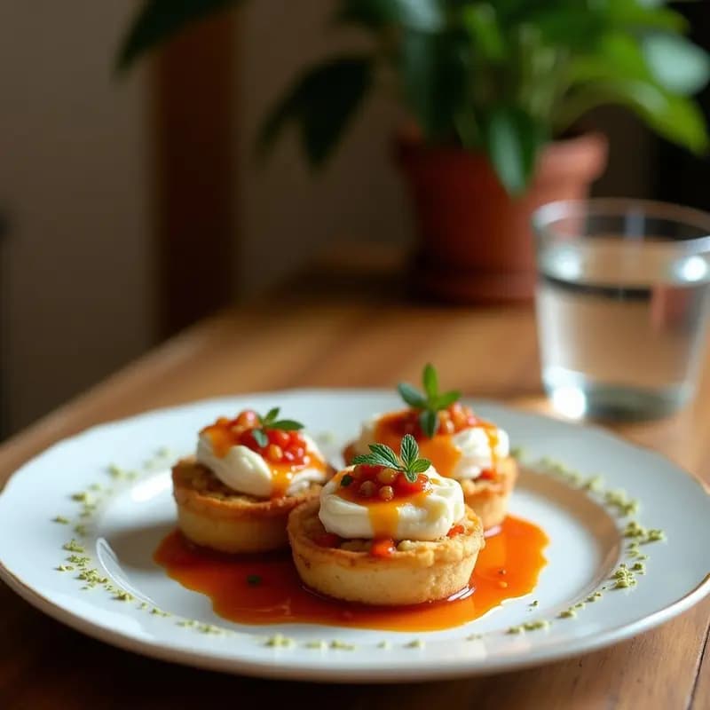 Tartaletas doradas crujientes rellenas de mezcla oscura de tinta de calamar y calamares, con rodajas de calamar relleno encima, decoradas con perejil fresco sobre fondo rústico de madera, receta gourmet española.