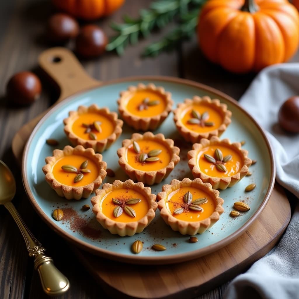 Tartaletas individuales con base dorada de harina de castaña, rellenas de una crema naranja suave de calabaza y queso vegano, decoradas con coco rallado blanco. Postre francés sin gluten sobre un plato de porcelana blanca con fondo rústico de madera.