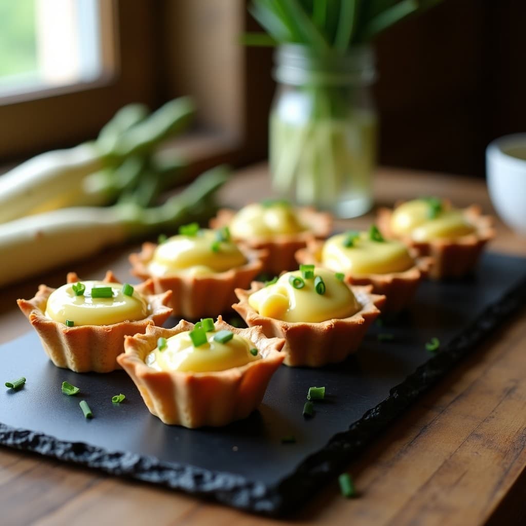Tartaletas doradas de base de castaña rellenas de espárragos blancos tiernos y cubiertas con una salsa holandesa vegana cremosa y brillante, decoradas con cebollino fresco y perejil. Plato elegante sobre fondo rústico de madera.