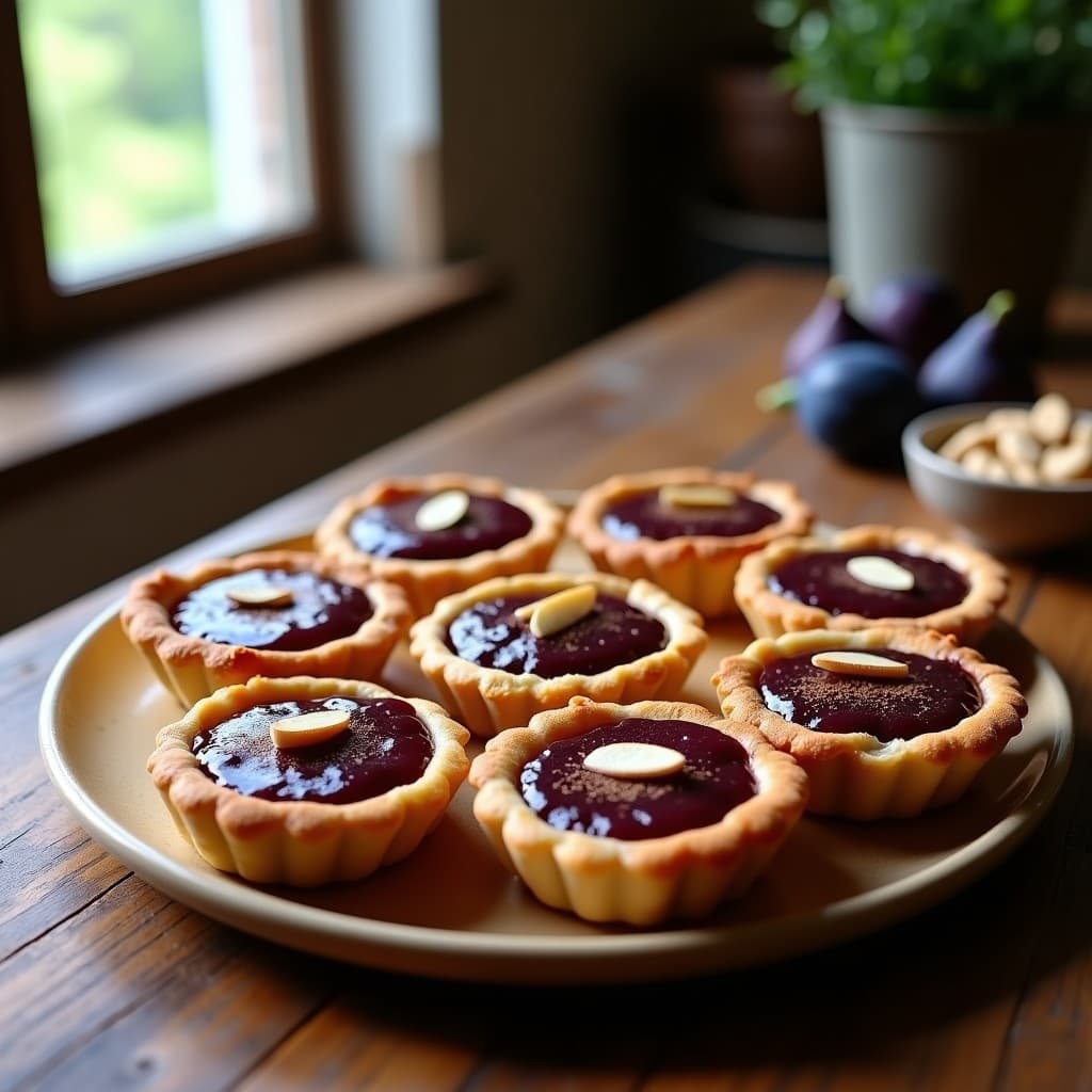 Tartaletas doradas de masa de castaña con relleno brillante de mermelada de higuera oscura, decoradas con almendras fileteadas y canela espolvoreada. Postre francés vegano y sin gluten sobre fondo rústico de madera.
