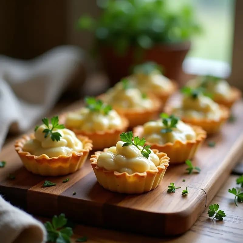 Tartaletas doradas de masa de coliflower con relleno cremoso de pollo al estragón, servidas en bandeja de madera con hojas de estragón fresco como decoración. Receta keto y francesa.