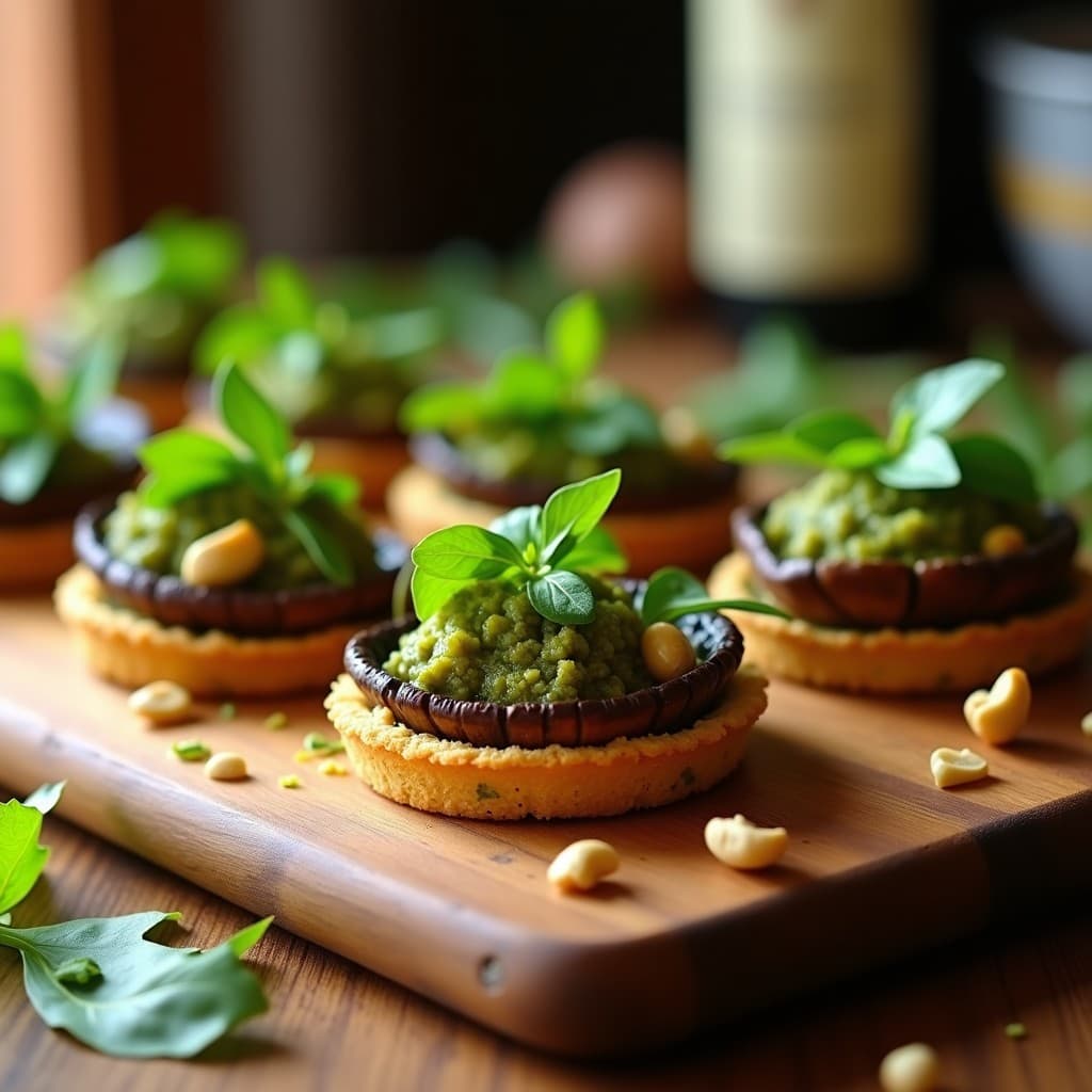 Tartaletas veganas italianas con base crujiente de galleta de sémola, rellenas de láminas doradas de champiñones portobello asados con ajo y romero, y coronadas con pesto cremoso de arugula y anacardos. Plato elegante sobre tabla de madera rústica con hojas de arugula fresca como decoración.