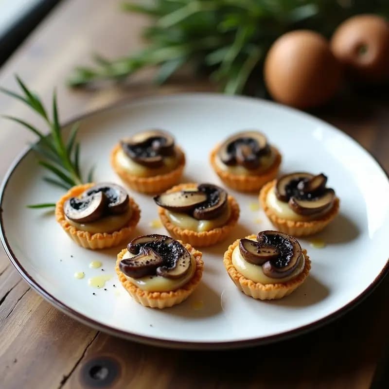 Tartaletas veganas de champiñones portobello y trufa negra con puré de castañas, servidas en molde de metal sobre tabla de madera rústica, decoradas con perejil fresco y láminas de champiñón.