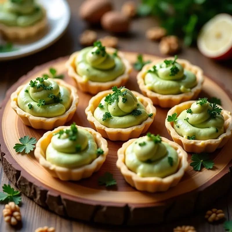 Tartaletas crudiveganas de base de chirivía en rodajas finas, rellenas de crema de apio y decoradas con nueces picadas y perejil, servidas en molde de silicona sobre tabla de madera rústica.