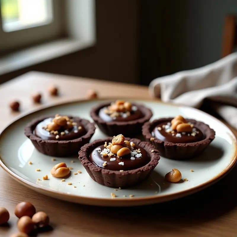 Seis tartaletas italianas sin lactosa en moldes individuales, con base de galleta triturada, rellenas de crema de chocolate negro y pasta de avellana, decoradas con avellanas picadas y escamas de sal de Malta sobre fondo rústico.