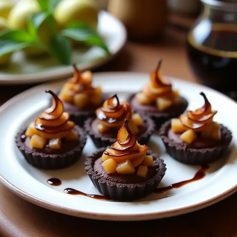 Tartaletas individuales con base de galleta oscura, rellenas de crema de chocolate negro y trozos de pera dorada, decoradas con un hilo brillante de salsa de vinagre balsámico. Postre francés sin azúcar sobre fondo blanco rústico.