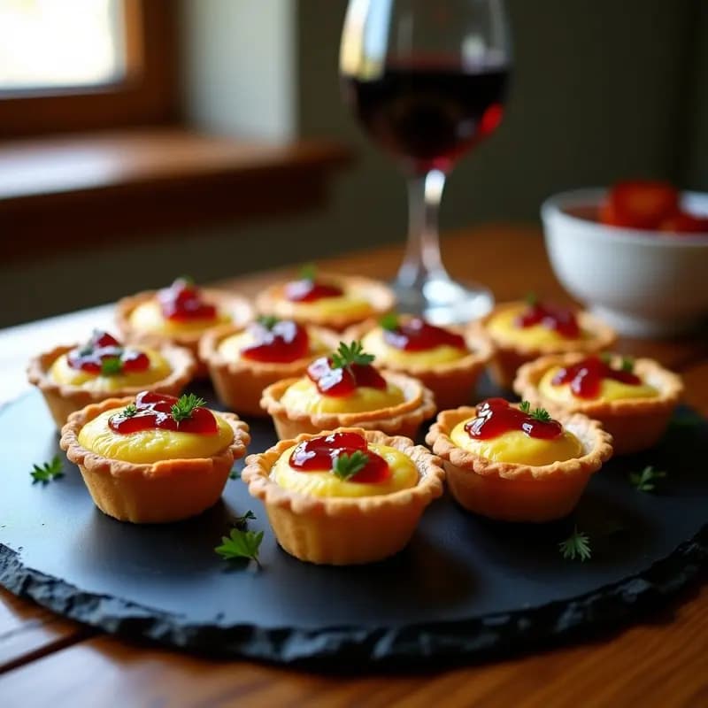 Bandeja de tartaletas doradas con masa quebrada crujiente, rellenas de chorizo ibérico y crema de huevo, coronadas con dulce de pimentón y perejil fresco. Receta española de aperitivo gourmet.