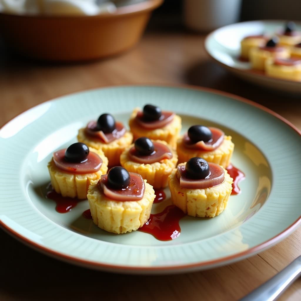 Tartaletas doradas de harina de coco con relleno cremoso de atún, aceitunas Kalamata y hierbas provenzales, servidas en bandeja de madera sobre fondo rústico. Entrante mediterráneo keto.