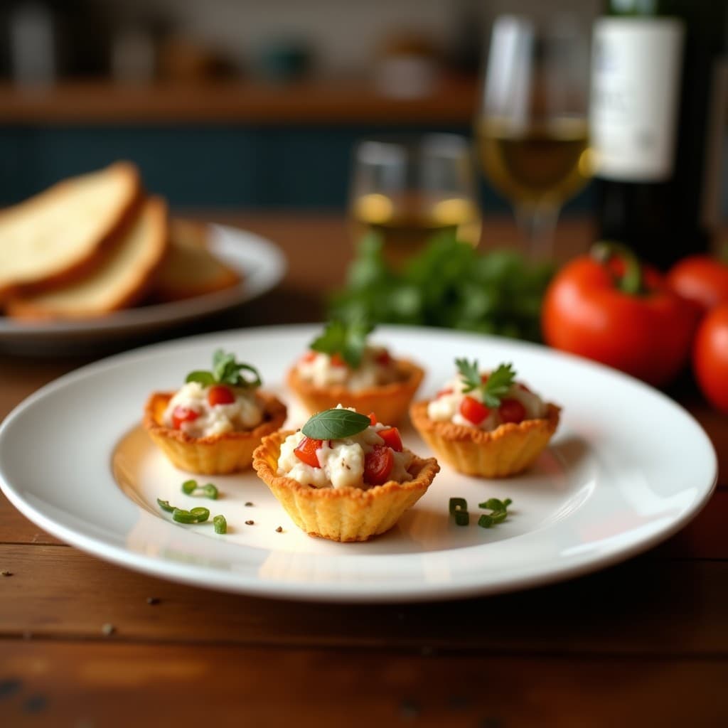 Tartaletas doradas de masa de coco rellenas de una mezcla cremosa de atún, cebolla morada y piparras, decoradas con rodajas de piparra y perejil fresco sobre una tabla de madera rústica. Aperitivo vasco sin gluten.