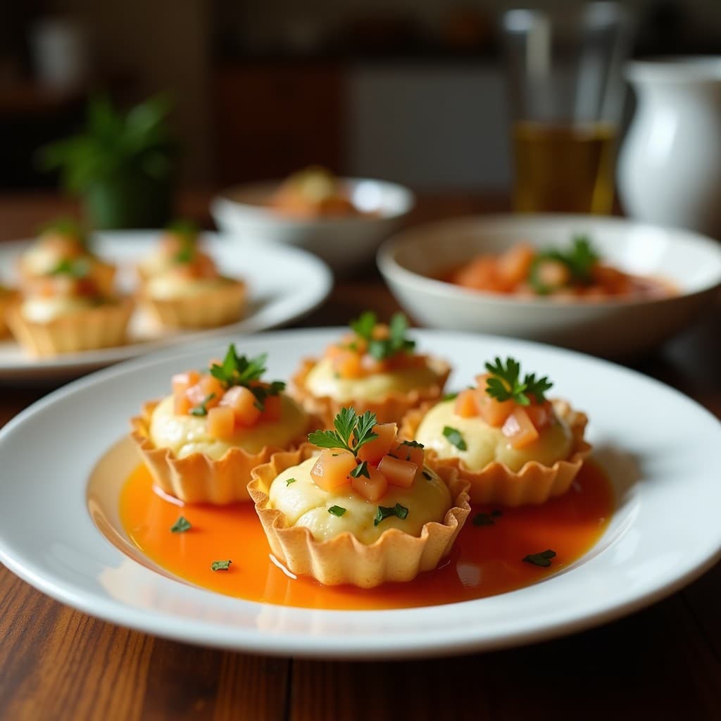 Tartaletas crudiveganas con base dorada de coco y almendras, rellenas de ceviche fresco de corazón de palma, aguacate, pimiento rojo y cebolla morada, decoradas con cilantro y alga nori sobre un plato de madera rústica.