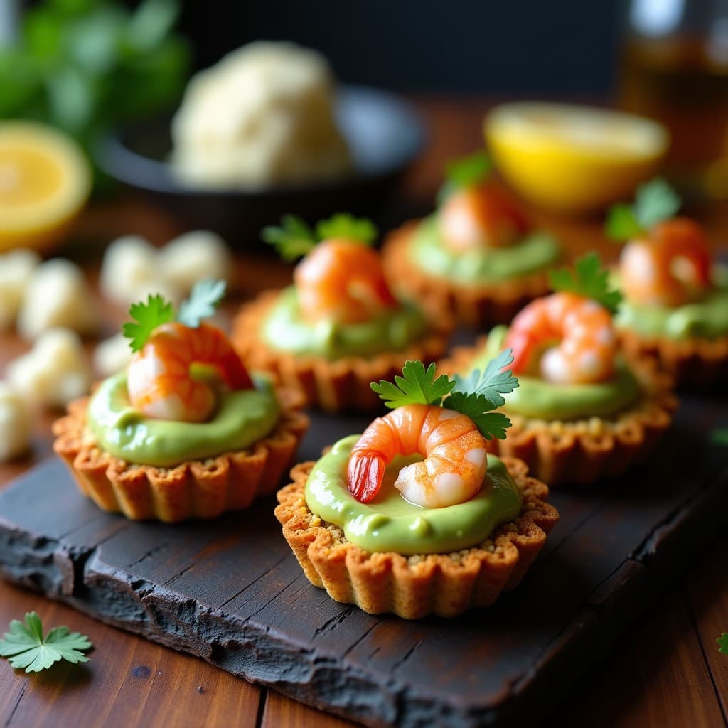 Tartaletas keto doradas de base de coliflor con relleno cremoso de aguacate y gambas salteadas, servidas en molde de silicona sobre fondo rústico de madera.