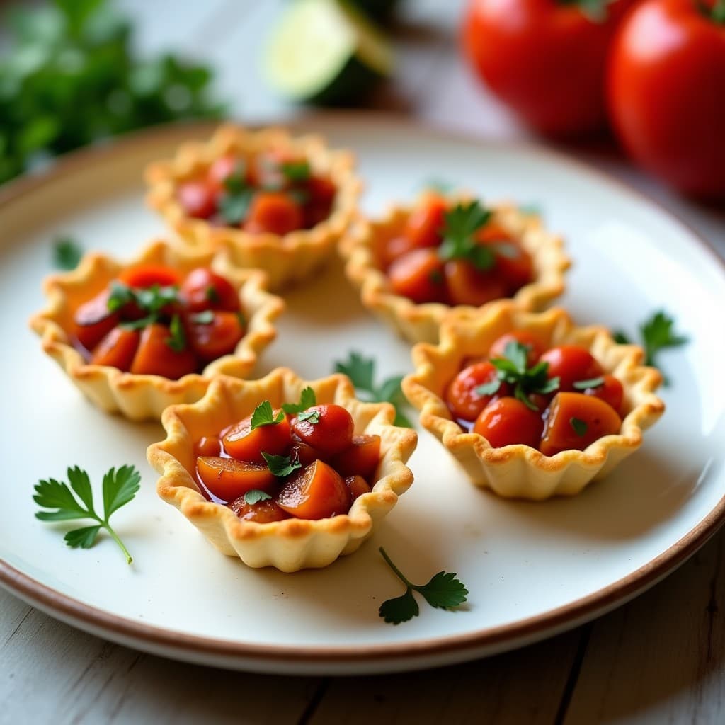 Tartaletas doradas de masa de coliflor rellenas de una mezcla de pimientos asados rojos y filetes de anchoas, decoradas con perejil fresco picado sobre un plato de cerámica blanca, receta italiana keto.