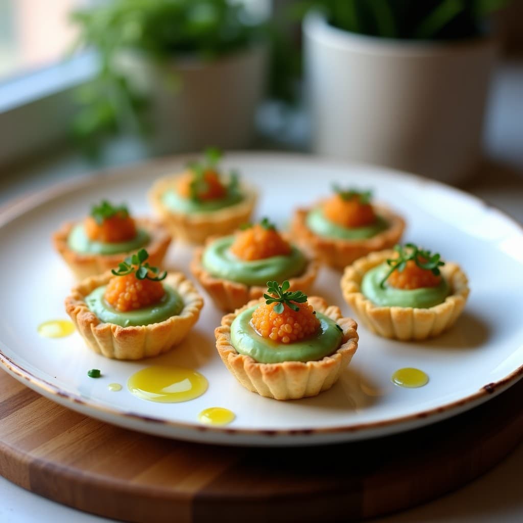 Tartaletas elegantes con base dorada de coliflor, rellenas de crema suave de espárragos verdes y decoradas con huevas de trouta ahumadas, cebollino picado y nueces tostadas. Plato keto y sofisticado para aperitivos gourmet.