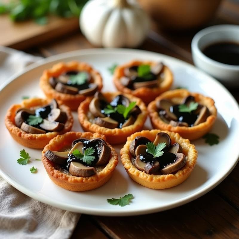 Tartaletas doradas de coliflor rellenas de láminas de champiñones portobello y bañadas en salsa cremosa de ajo negro, servidas en un plato blanco sobre un fondo rústico de madera. Receta keto en airfryer.