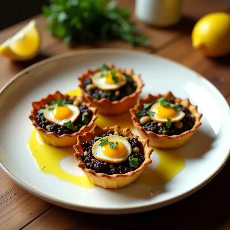 Tartaletas doradas de masa quebrada rellenas de arroz negro con cúrcuma y trozos de pulpo, coronadas con huevo escalfado y perejil fresco, servidas en plato de cerámica blanca.