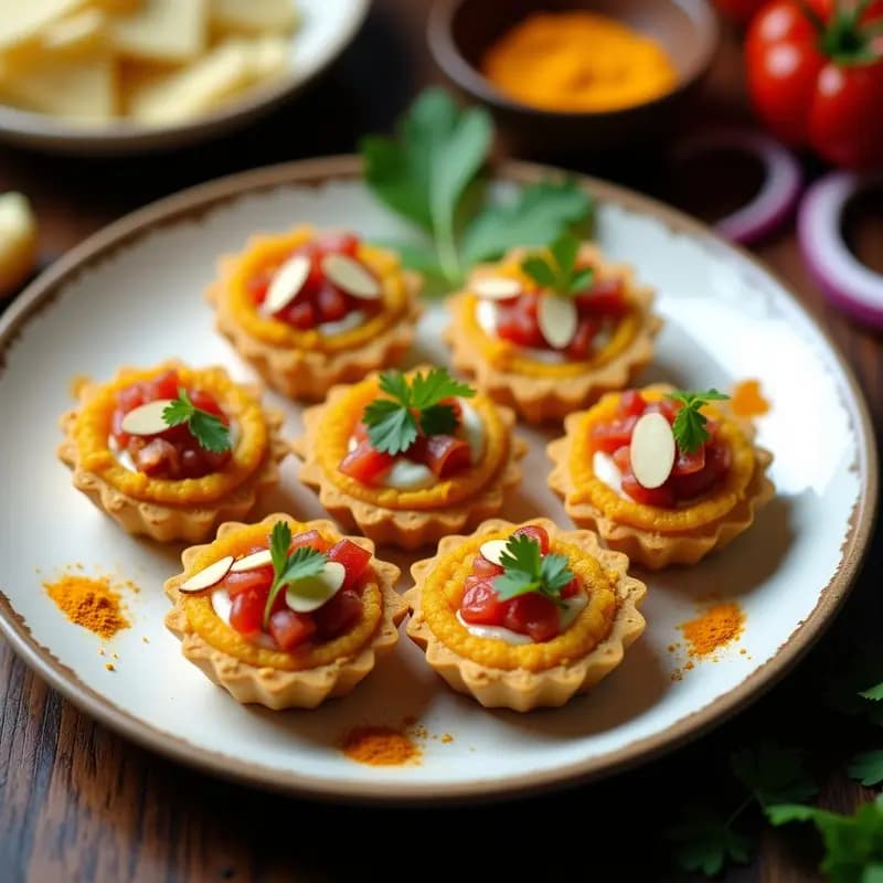 Tartaletas doradas de curcúma y garam masala con relleno cremoso de yogur griego y tomate, decoradas con almendras fileteadas, servidas en plato de cerámica blanca.