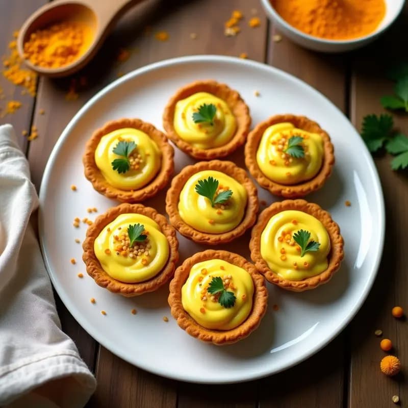 Tartaletas doradas de cúrcuma y garbanzos con relleno cremoso de yogur de soja y decoración de semillas de sésamo, receta vegana y antiinflamatoria.