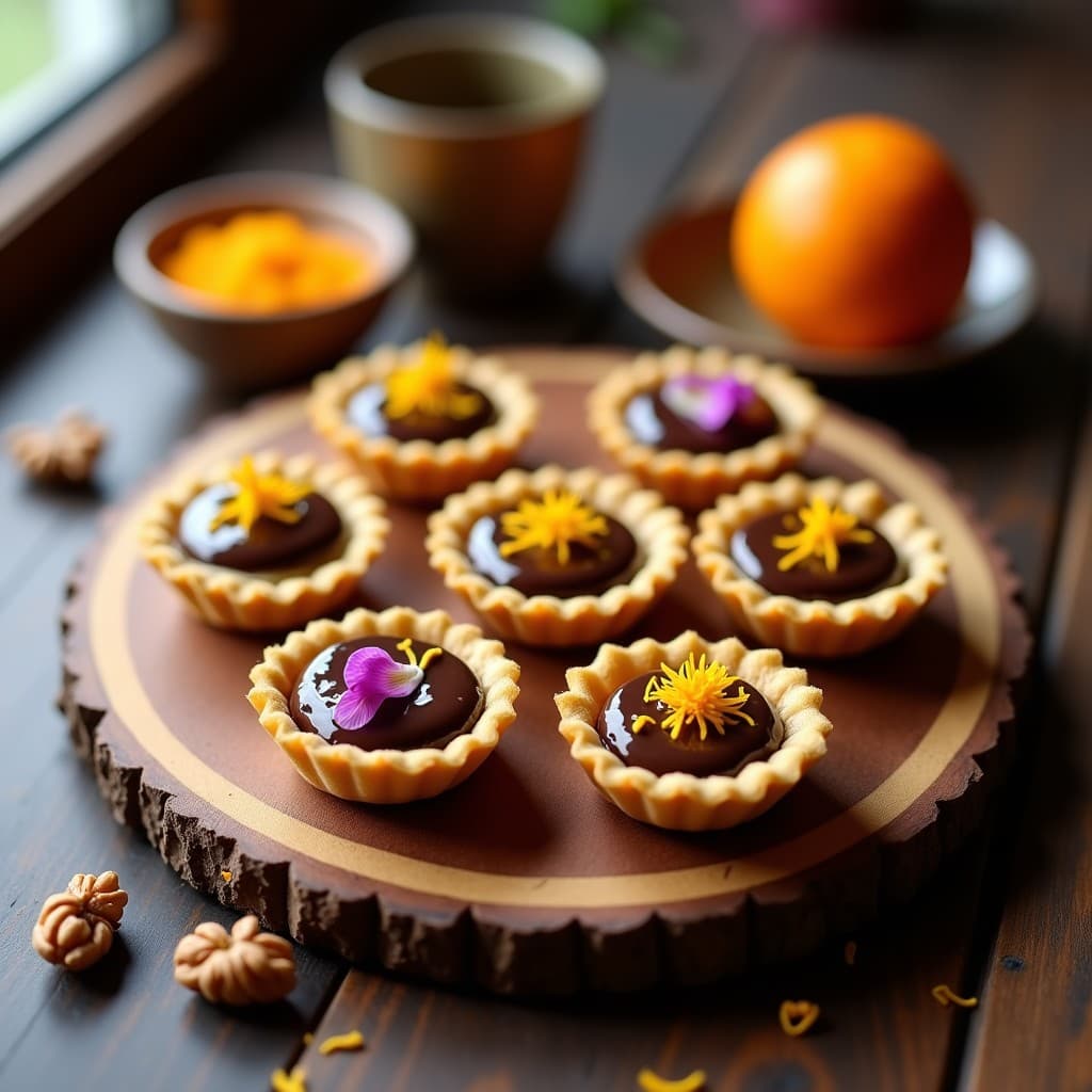 Tartaletas raw veganas con base dorada de dátiles y nueces, rellenas de chocolate negro brillante y decoradas con ralladura de naranja sobre fondo rústico de madera.
